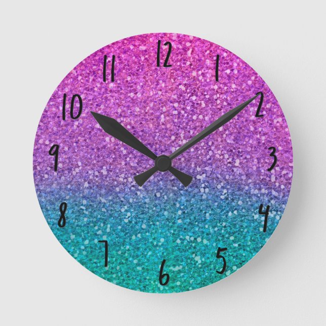 Relógio Redondo Brilho Rosa Azul Aqua e Roxo (Frente)