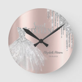 Relógio Redondo Brilhos Prateados, Vestido Rosa Dourado Doce 16