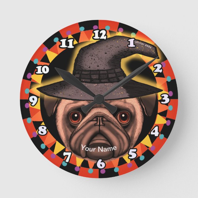 Relógio Redondo Bruxa Pug  (Frente)