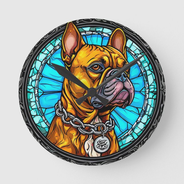 Relógio Redondo Bulldog Francês em Design Ornamentado (Frente)