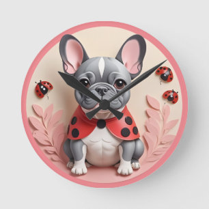 Relógio Redondo Bulldog Francês Ladybug Pastel Paper Cutando Arte