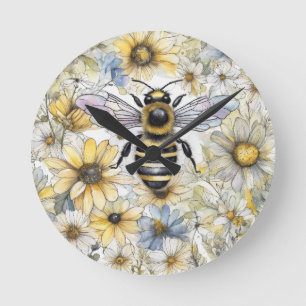 Relógio Redondo Bumble Bee primavera floral pintado.