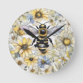 Relógio Redondo Bumble Bee primavera floral pintado.