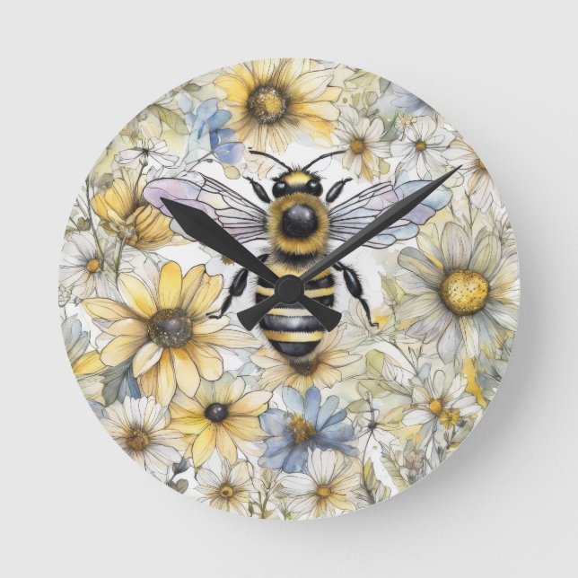 Relógio Redondo Bumble Bee primavera floral pintado. (Frente)