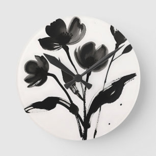 Relógio Redondo Buquê de Flores de Tinta Preta