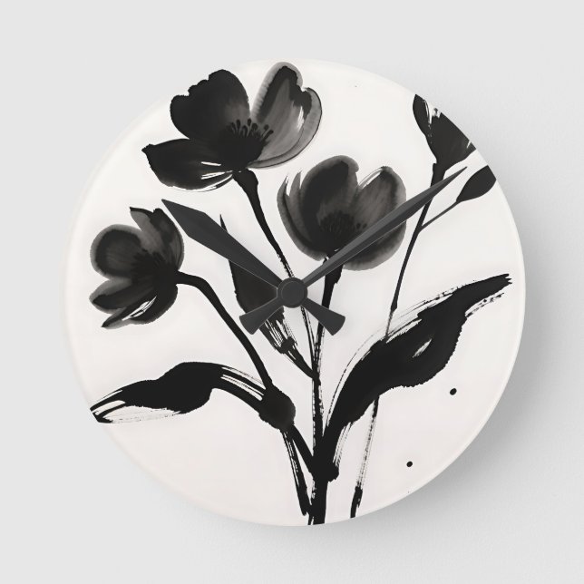Relógio Redondo Buquê de Flores de Tinta Preta (Frente)