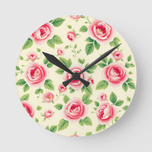 Relógio Redondo Buquê de Rosa Rosa Vintage Floral Pastel Chintz 
