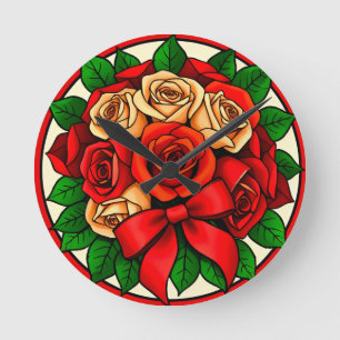 Relógio Redondo Buquê Elegante de Rosas Vermelhas e Brancas