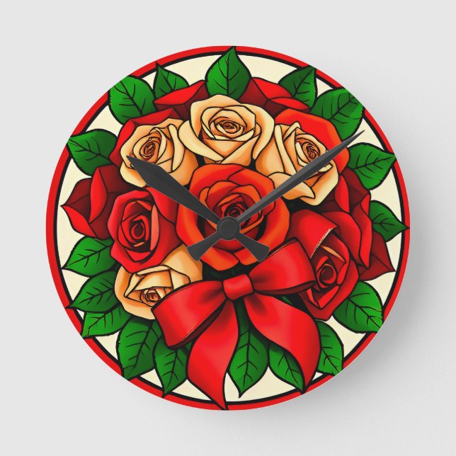 Relógio Redondo Buquê Elegante de Rosas Vermelhas e Brancas (Frente)