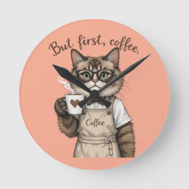 Relógio Redondo But First, Coffee Cat