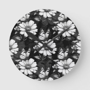 Relógio Redondo Butterfly On Flower Patterne Design - Preto