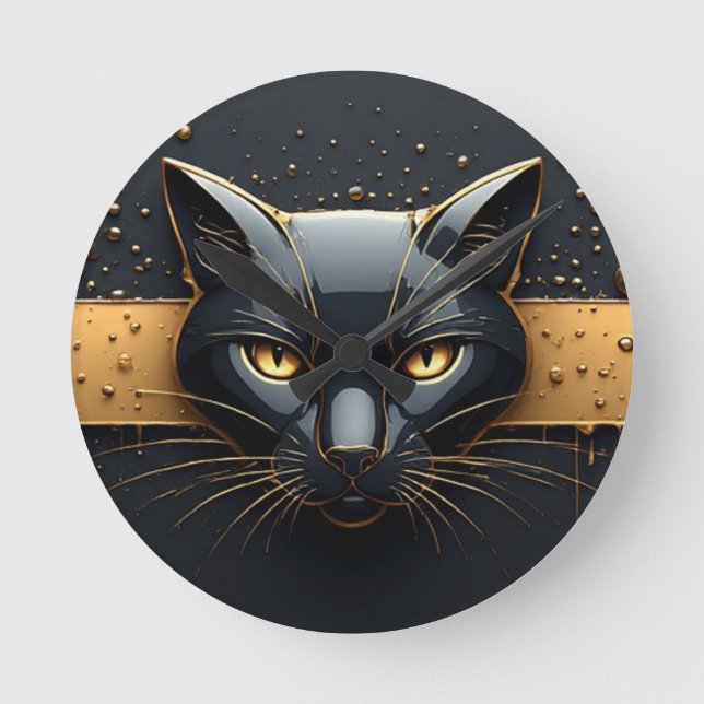 Relógio Redondo Cabeça de Gato Preto com Design de Gotejamento Dou (Frente)