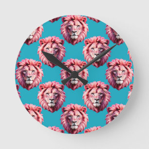Relógio Redondo Cabeça de Leão Rosa Animal Desenho de Estampa Azul