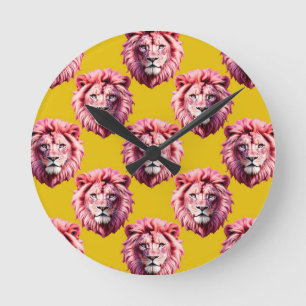 Relógio Redondo Cabeça de Leão Rosa Animal Padrão Design Amarelo