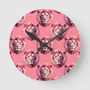 Relógio Redondo Cabeça de Leão Rosa Padrão de Animal Design Rosa