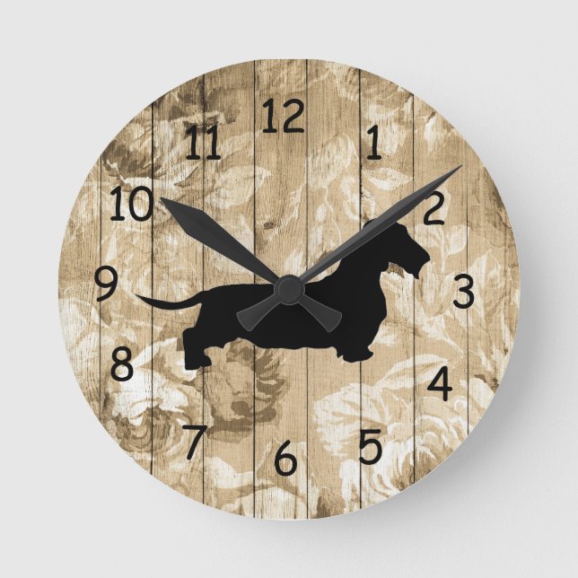 Relógio Redondo Cabelo de fios Dachshund Faux Wood Wall Clock (Frente)