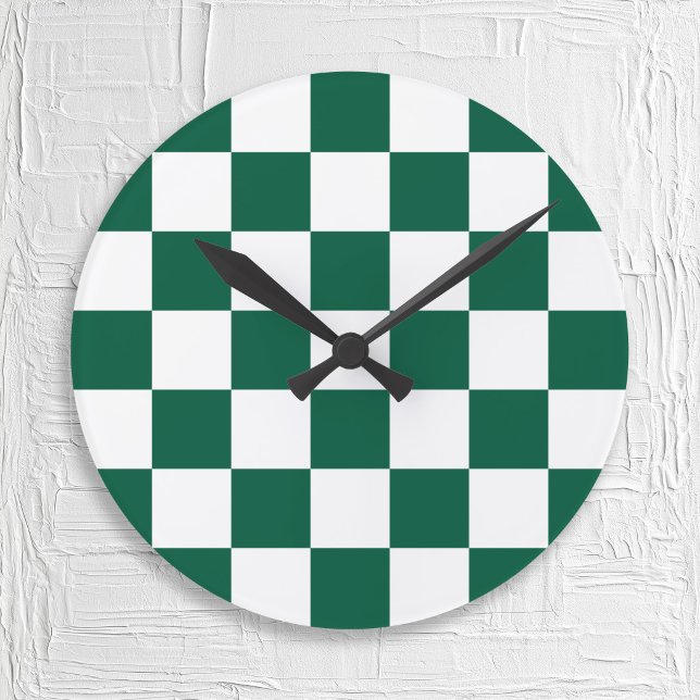 Relógio Redondo Caça Verde e Xadrez Branco (Hunter Green and White Checkered Round Clock)
