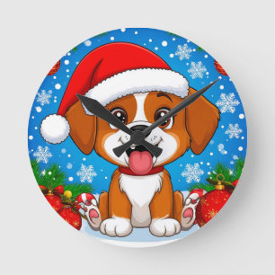 Relógio Redondo Cachorrinho Adorável com Chapéu de Papai Noel e Pr