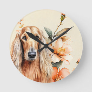 Relógio Redondo Cachorro Afghan Hound e Lírios de Pêssego