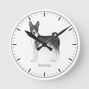 Relógio Redondo Cachorro Basenji Fofo em Preto e Branco & Texto Pe