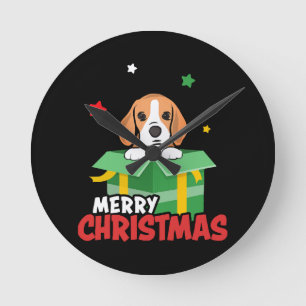 Relógio Redondo Cachorro Beagle Papai Noel Amantes do Natal Feliz