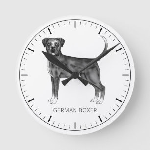 Relógio Redondo Cachorro Boxer Alemão em Preto e Branco & Texto Pe