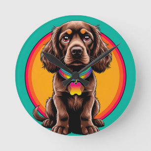 Relógio Redondo Cachorro com Colar Colorido Dentro de Círculo Deco