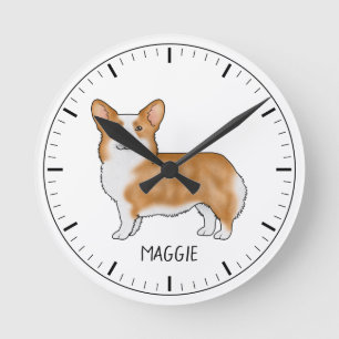 Relógio Redondo Cachorro Corgi Vermelho Pembroke Welsh Corgi Com T