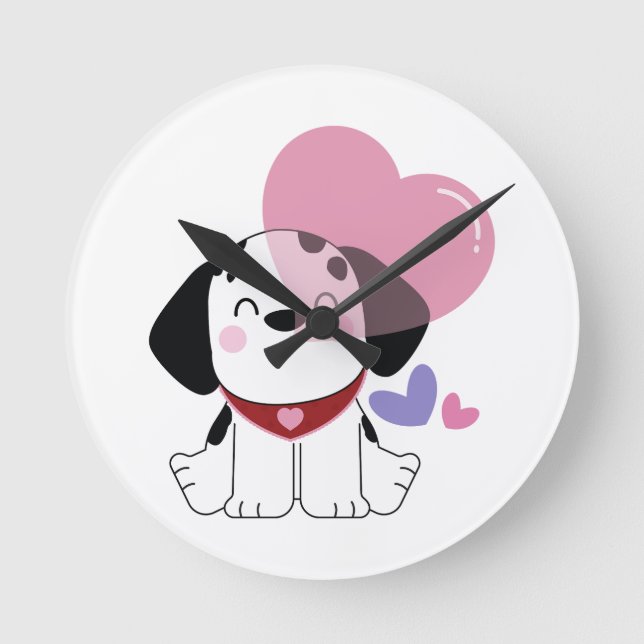 Relógio Redondo Cachorro dálmata fofinho kawaii com Corações (Frente)