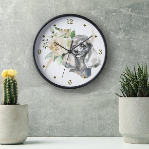 Relógio Redondo Cachorro de Buquê de Rosa Branco
