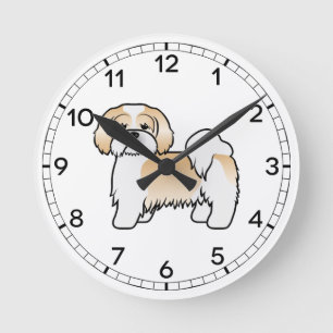 Relógio Redondo Cachorro De Cartoon Dourado E Branco Lhasa Apso