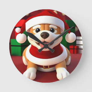 Relógio Redondo Cachorro de Desenho Fofo Vestido de Papai Noel