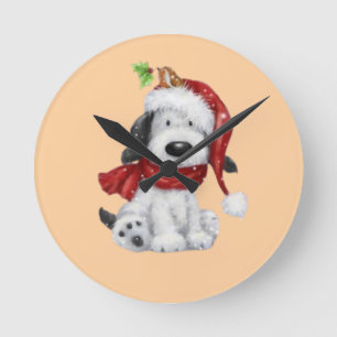 Relógio Redondo Cachorro de Natal bonito com Papai Noel e Scarf