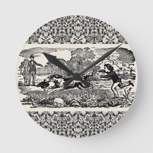 Relógio Redondo Cachorro executando ilustração vitoriana antiga de (Frente)
