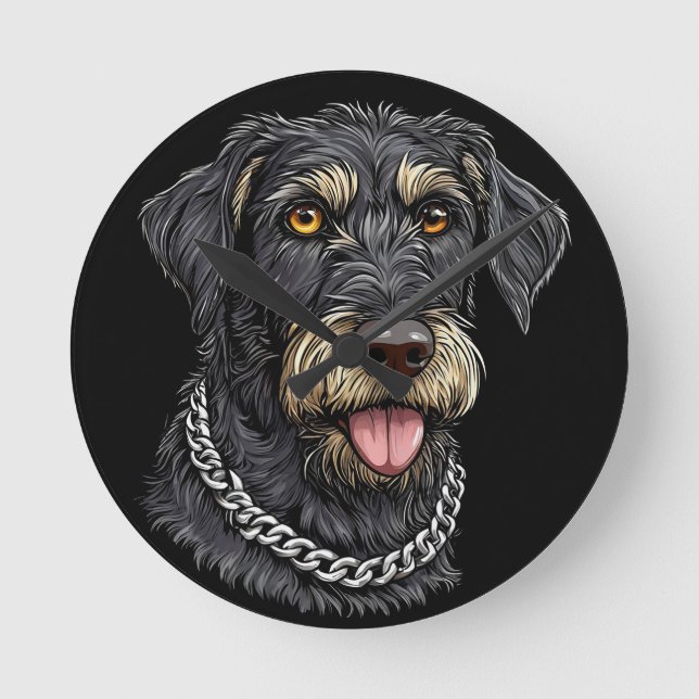 Relógio Redondo Cachorro Preto com Colar de Corrente (Frente)