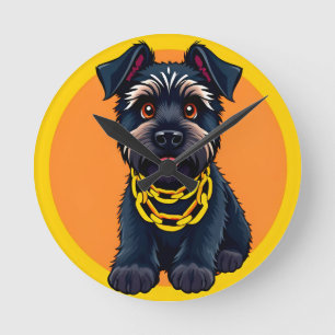 Relógio Redondo Cachorro Preto de Desenho Animado Adorável Usando
