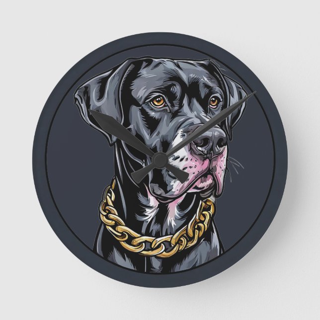 Relógio Redondo Cachorro Preto de Luxo com Corrente de Ouro (Frente)