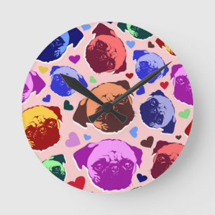 Relógio Redondo Cachorro Pug Filhote PopArt Estilo Retro