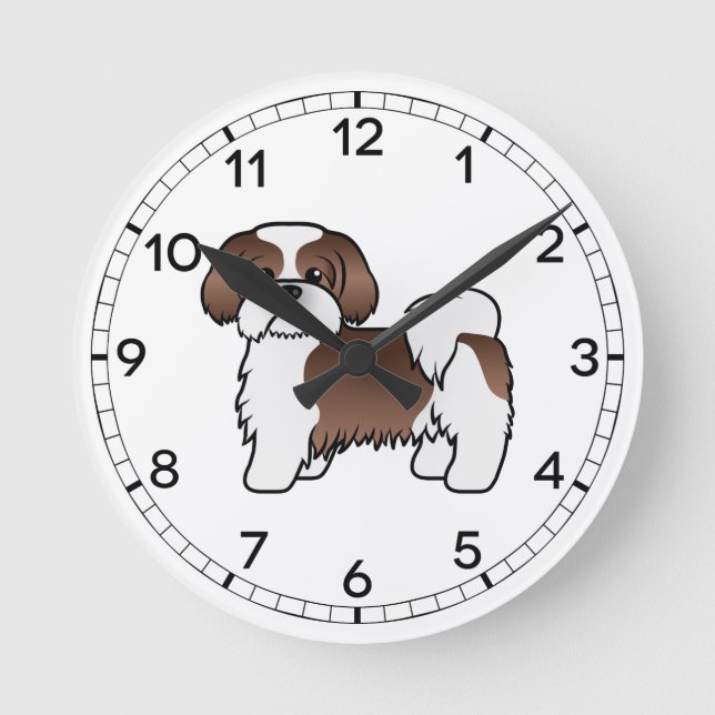 Relógio Redondo Cachorro Shih Tzu Cartoon Fofo Fígado E Branco (Frente)