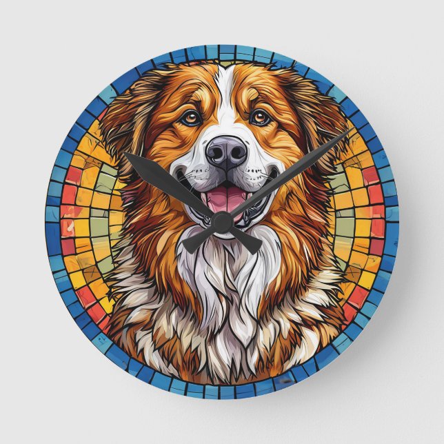 Relógio Redondo Cachorro sorrindo em fundo de mosaico (Frente)