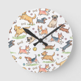 Relógio Redondo Cachorros Fofos Brincando em Todo Lugar