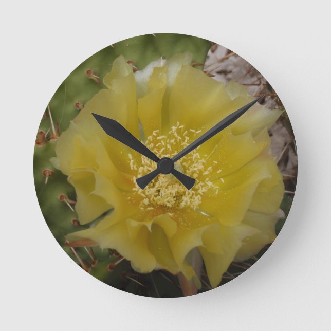 Relógio Redondo Cacto Amarelo em Flor (Frente)