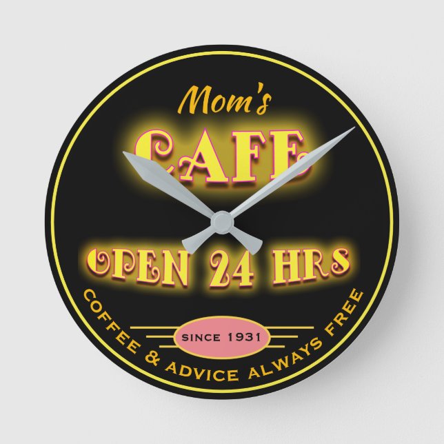 Relógio Redondo Café de mãe Aberta 24 Hrs Faux Retro Neon - (Frente)