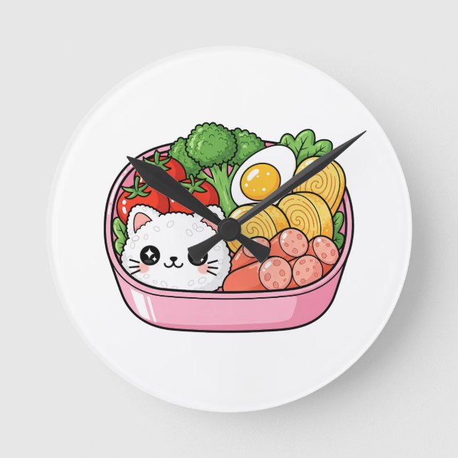 Relógio Redondo Caixa de Bento de Gato Kawaii Fofa (Frente)