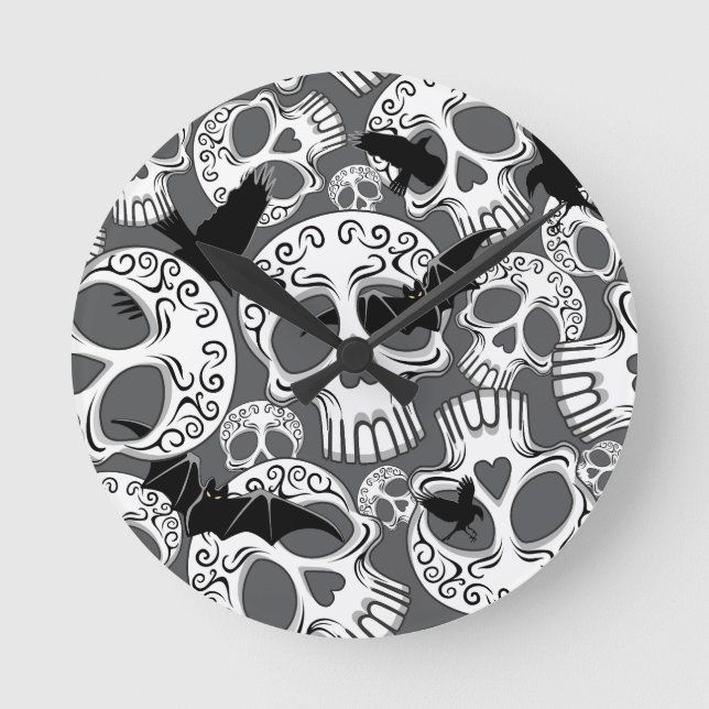 Relógio Redondo Calaveras Decorativas do Halloween (Frente)