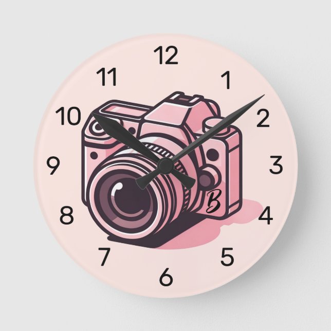 Relógio Redondo Câmera DSLR Rosa na Moda Fotografia Personalizada (Frente)