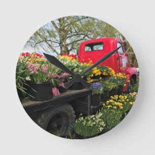 Relógio Redondo Caminhão Vermelho com Flores de primavera e Arco-