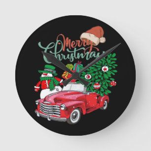 Relógio Redondo Caminhão Vermelho Picape Árvore de Natal Feliz Nat