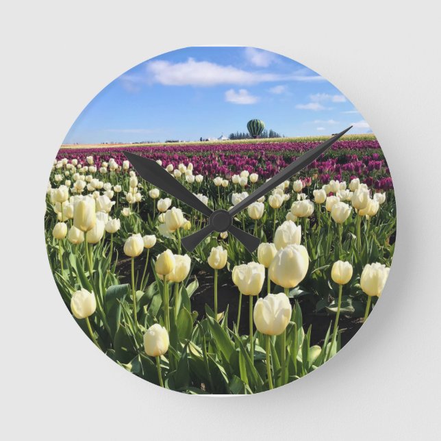 Relógio Redondo Campo de Tulipas Branco e Roxo com Balão de Ar Que (Frente)