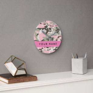 Relógio Redondo Camuflagem Rosa e Verde Personalize seu nome